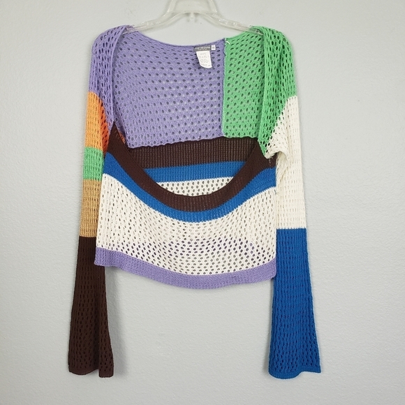 EARTHBOUND Open Knit Colorful Long Flare Sleeve Crop Top Sz XXL Boho Hippie - Picture 2 of 6